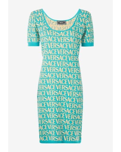 Versace All-Over Logo Jacquard Knit Dress - Green
