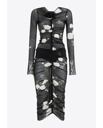 Magda Butrym Ruched Semi-Sheer Midi Dress - Black