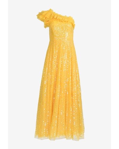 Needle & Thread Raindrop One-Shoulder Sequined Gown - Yellow