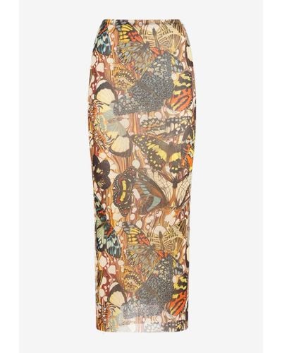Jean Paul Gaultier Butterfly-Print Maxi Mesh Skirt - Natural