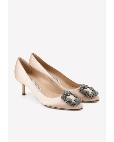Manolo Blahnik Hangisi 50 Satin Court Shoes With Fmc Crystal Buckle - Natural