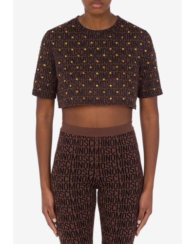 Moschino All-Over Logo Cropped T-Shirt With Rhinestones - Brown