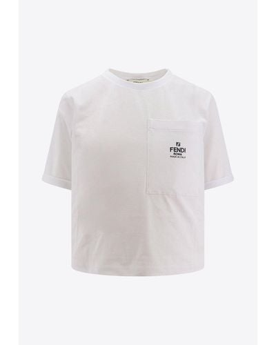 Fendi Logo-Embroidered Crewneck T-Shirt - White