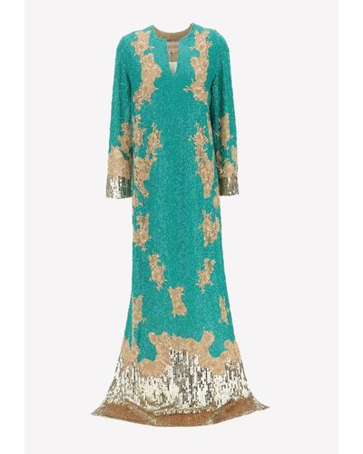 Valentino All-over Embroidered Tulle Gown - Green