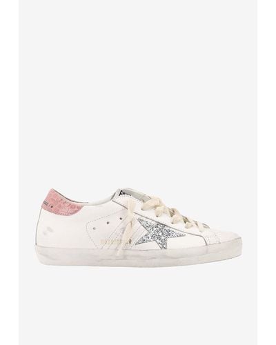Golden Goose Superstar Leather Sneakers With Glittered Star Patch - White