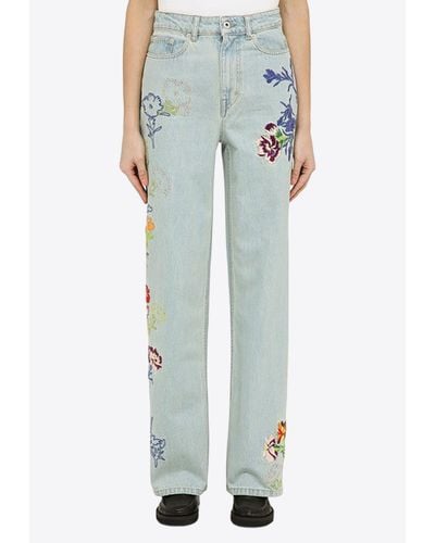 KENZO Flower Embroidered Straight-Leg Jeans - Blue