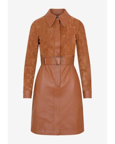 Akris Belted Suede And Leather Shirt Dress - Brown