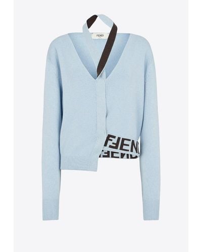 Fendi Cut-Out Detail Wool-Blend Cardigan - Blue