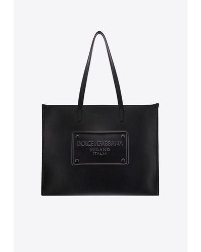 Dolce & Gabbana Logo Embossed Leather Tote Bag - Black