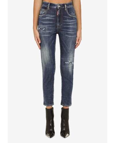 DSquared² High-Waisted Distressed Skinny Jeans - Blue