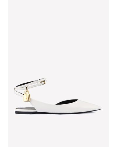 Tom Ford Padlock Shiny Leather Pointed-Toe Flats - White