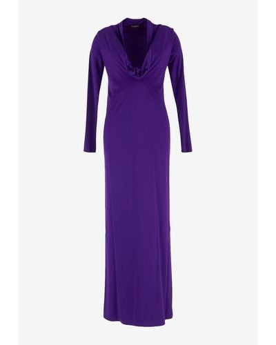 Versace Cowl Long-Sleeved Maxi Dress - Purple