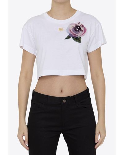 Dolce & Gabbana Floral Appliqué Cropped T-Shirt - White