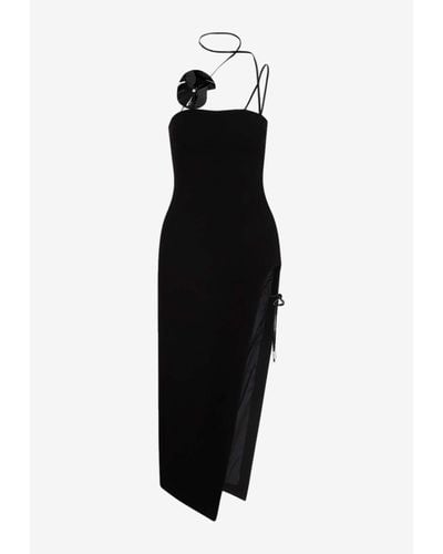 David Koma Floral Applique Asymmetric Midi Dress - Black