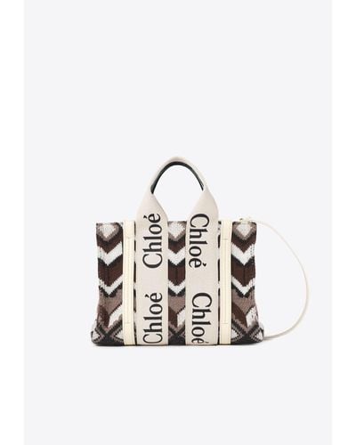 Chloé Small Woody Chevron Knitted Tote Bag - White