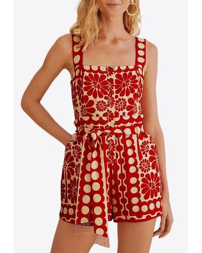 FARM Rio Palermo Belted Sleeveless Romper - Red