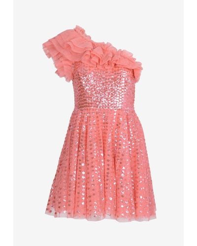 Needle & Thread Raindrop One-Shoulder Sequined Mini Dress - Pink