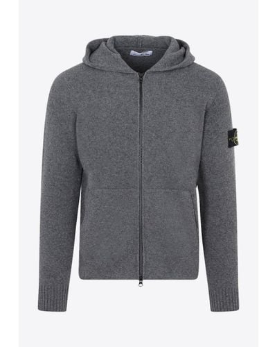 Stone Island Compass Patch Zip-Up Wool Hoodie - Gray