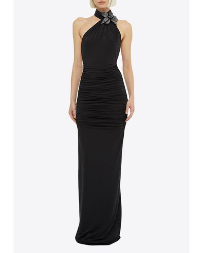 Guiseppe Di Morabito Halter Maxi Dress With Crystal Floral Brooch - Black