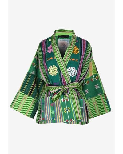 Ambre Babzoe Embellished Patterned Kimono Jacket - Green
