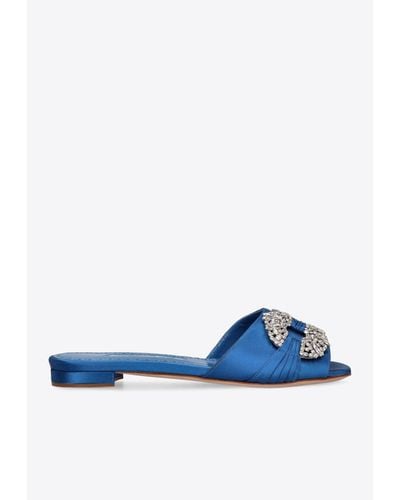 Manolo Blahnik Pralina Crystal-Embellished Satin Sandals - Blue