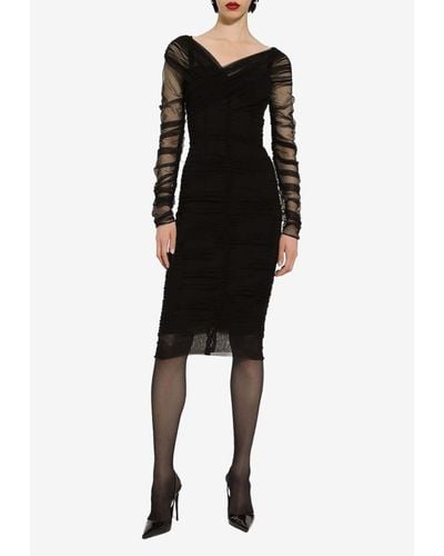 Dolce & Gabbana Draped Tulle Midi Dress - Black