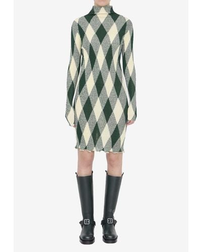 Burberry Ribbed Knit Argyle Midi Dress - Green
