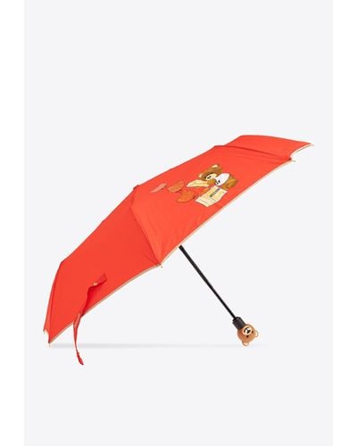 Moschino Teddy Bear Handle Compact Umbrella - Red