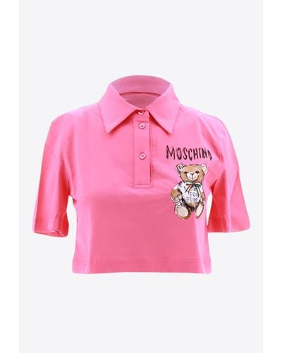 Moschino Teddy Bear Print Cropped Polo T-Shirt - Pink
