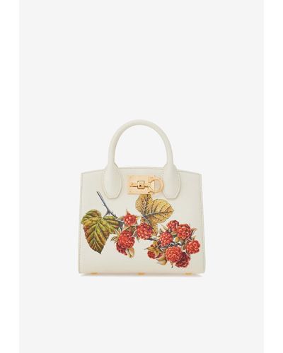 Ferragamo Small Studio Box Heritage-Print Top Handle Bag - White