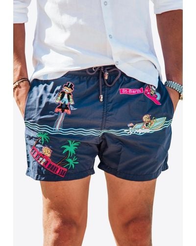 Les Canebiers All-Over Saint-Barth Embroidered Swim Shorts - Blue