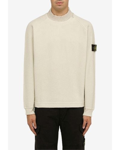 Stone Island Mock Neck Sweater With Logo Patch - Natural