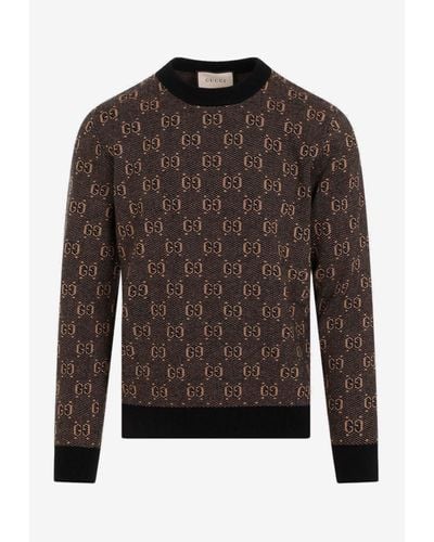Gucci Logo Jacquard Wool Pullover Sweater - Brown