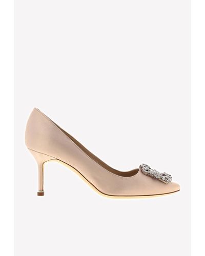 Manolo Blahnik Hangisi 70 Satin Court Shoes With Crystal Buckle - Natural