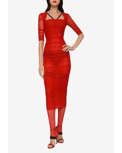 Dolce & Gabbana Tulle Draped Midi Dress - Red