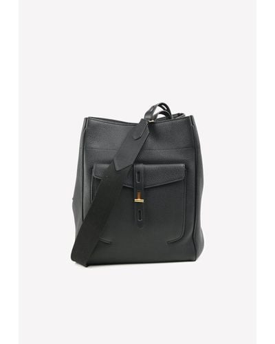 Tom Ford T-twist Hobo Bag In Hollywood Grained Leather - Black