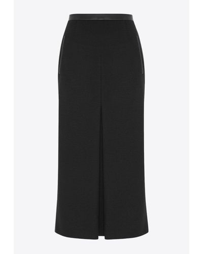 Saint Laurent Leather-Waist Midi Wool Skirt - Black