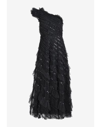 Needle & Thread Spiral Sequin Embellished One-Shoulder Gown - Black
