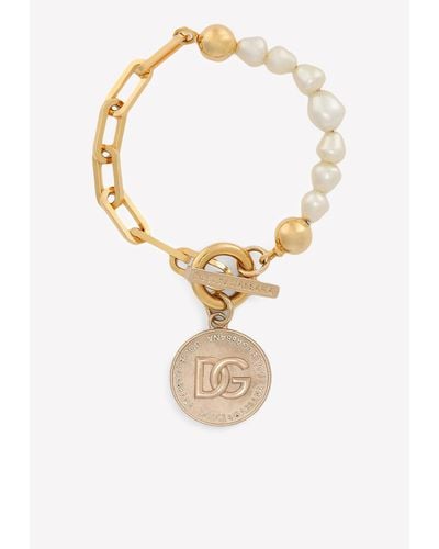 Dolce & Gabbana Dg Logo Coin Pearl And Chain Bracelet - Metallic