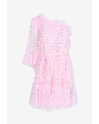 Needle & Thread One-Shoulder Shimmer Wave Gloss Micro Mini Dress - Pink