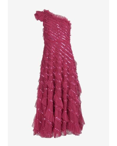 Needle & Thread Spiral Sequin Embellished One-Shoulder Gown - Purple
