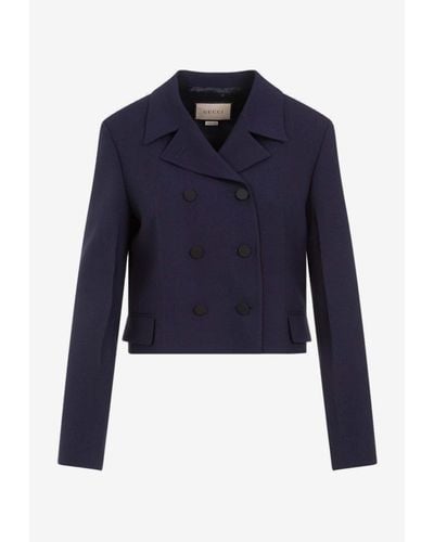 Gucci Wool Mohair Double-Breasted Cropped Blazer - Blue