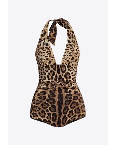Dolce & Gabbana Leopard Print Halterneck One-Piece Swimsuit - White