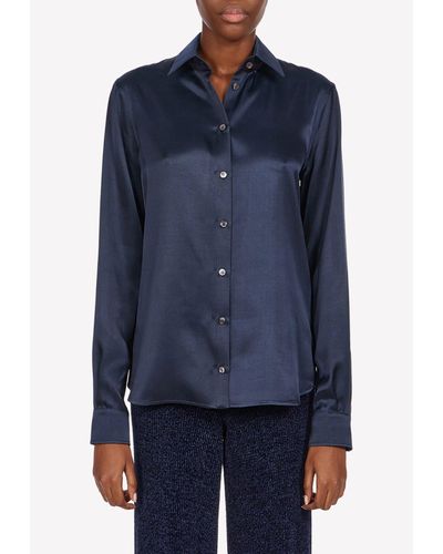 Ferragamo Long-Sleeved Silk Satin Shirt - Blue