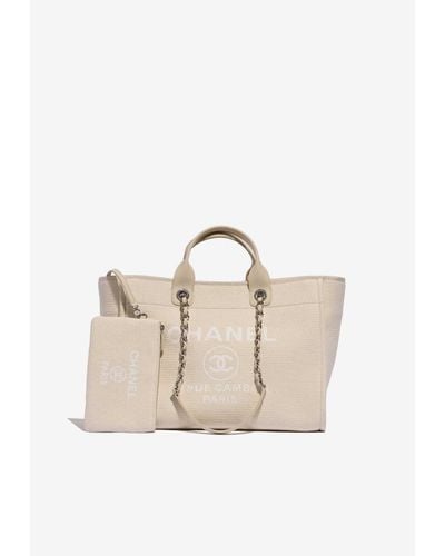 Chanel Medium Deauville Shopping Bag In Beige And White Canvas - Natural