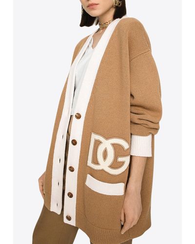 Dolce & Gabbana Embroidered Logo Patch Wool Cardigan - Natural