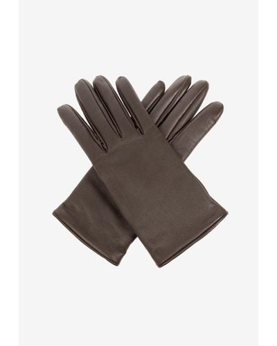 Saint Laurent Cassandre Logo Leather Gloves - Brown