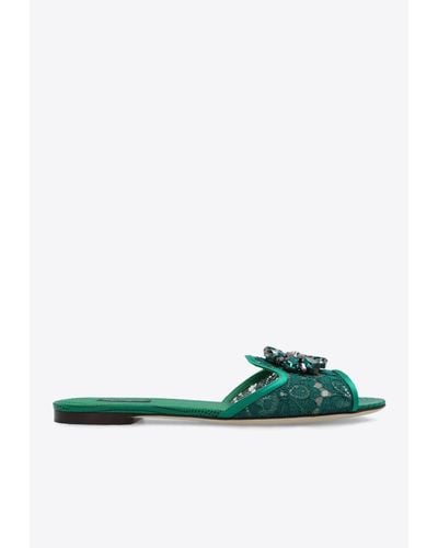 Dolce & Gabbana Bianca Crystal Lace Flat Sandals - Green