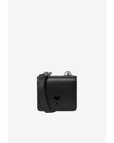 Ami Paris Ami De Coeur Grained Leather Cardholder With Strap - Black