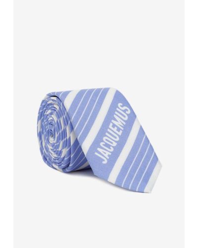 Jacquemus Striped Logo Silk And Wool Tie - Blue